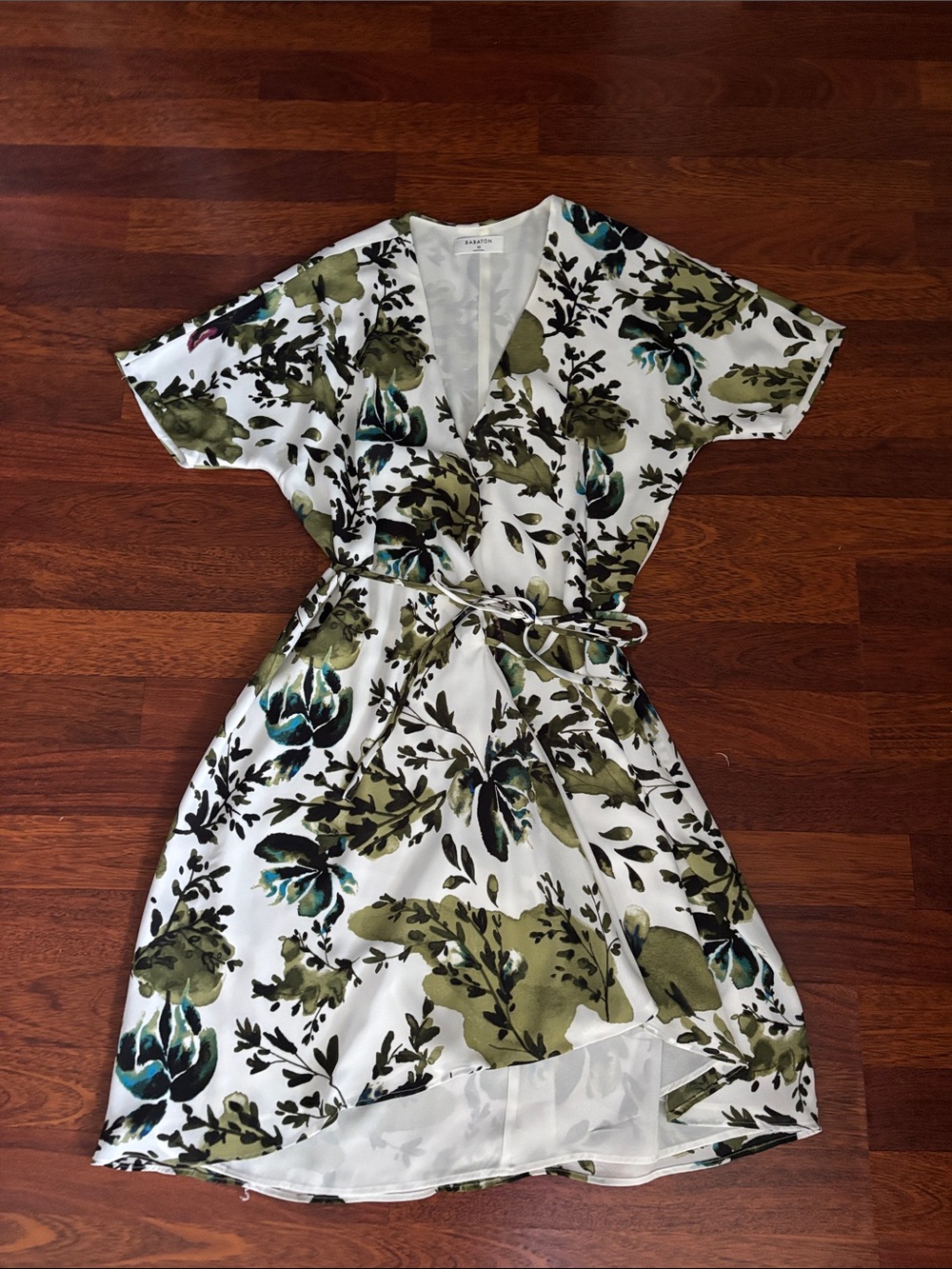 Babaton White Wrap Dress with Olive and Teal Floral Print